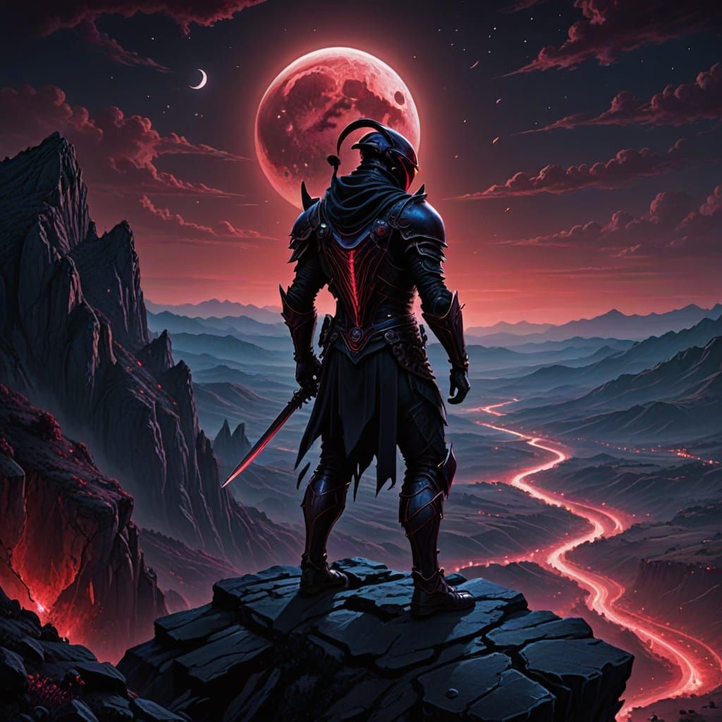 Dark Fantasy Warrior Overlooking Valley in Gothic Style