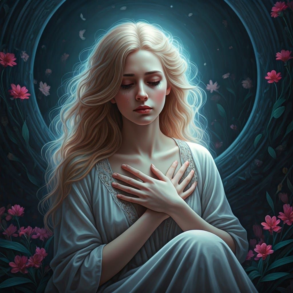 Ethereal Woman in Moonlit Garden: Dreamy Digital Art