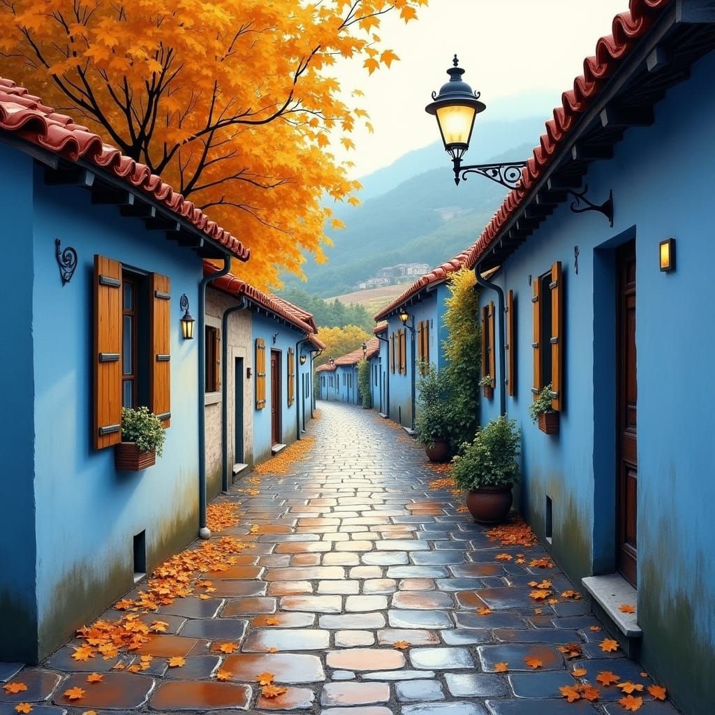 Charming Village Street with Autumn Colors