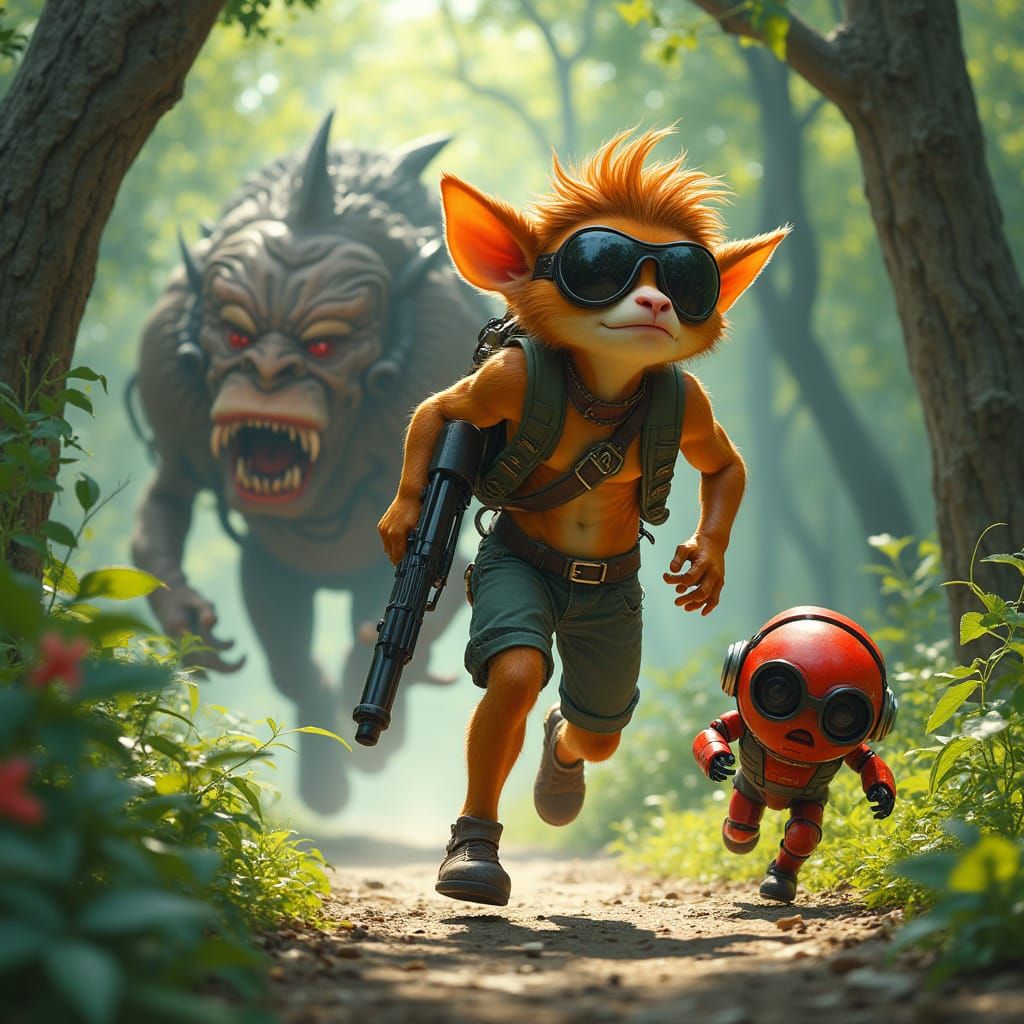 Simian Warrior Escapes Beast in Vibrant Forest