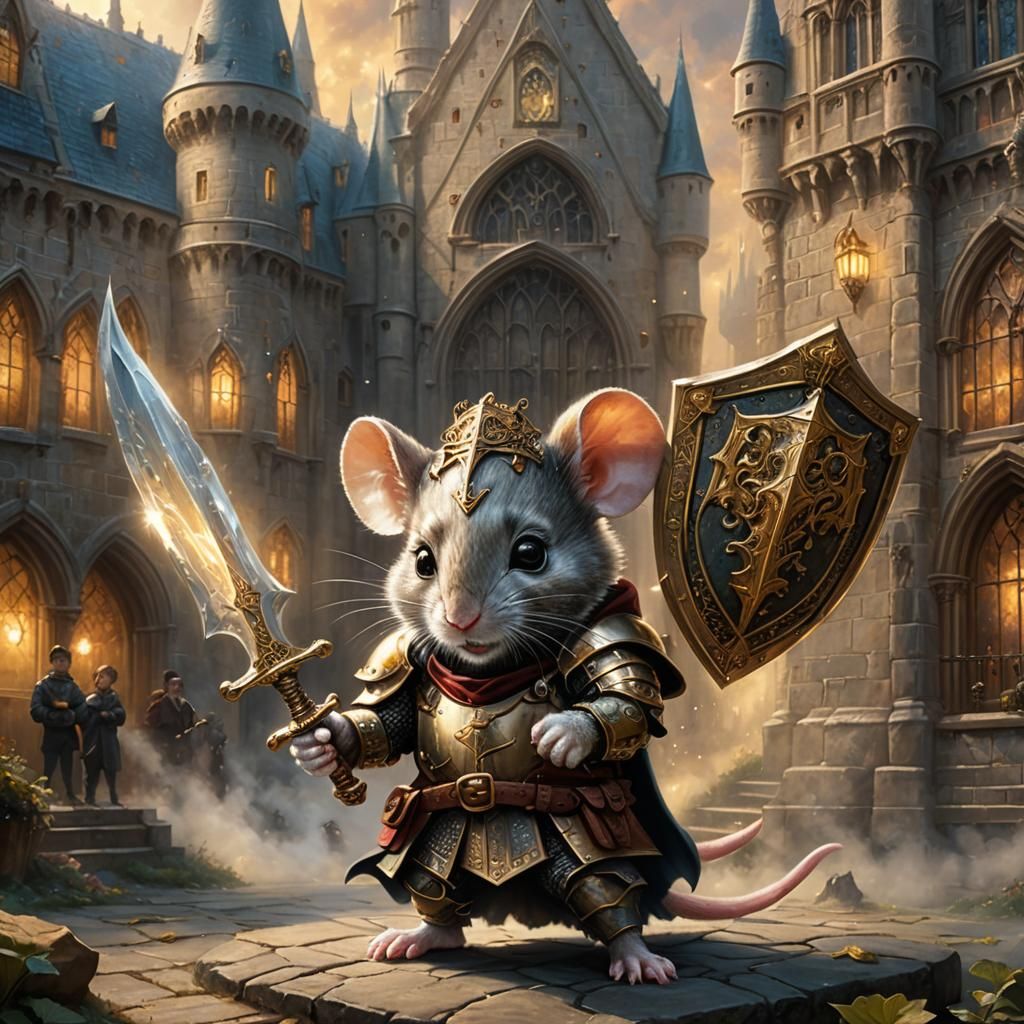Mouse Knight Guards Hogwarts in Hyper-Realistic Oil Painting