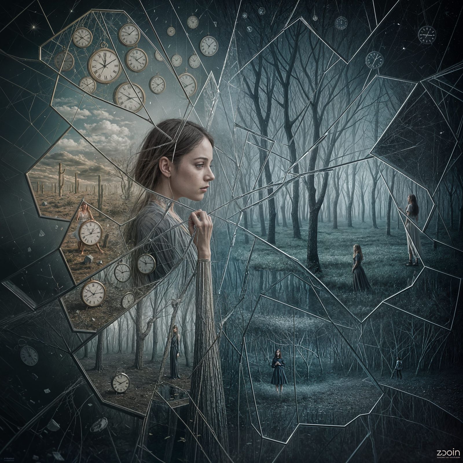 Melancholy Woman Gazes at Shattered Reflection in Dreamscape...