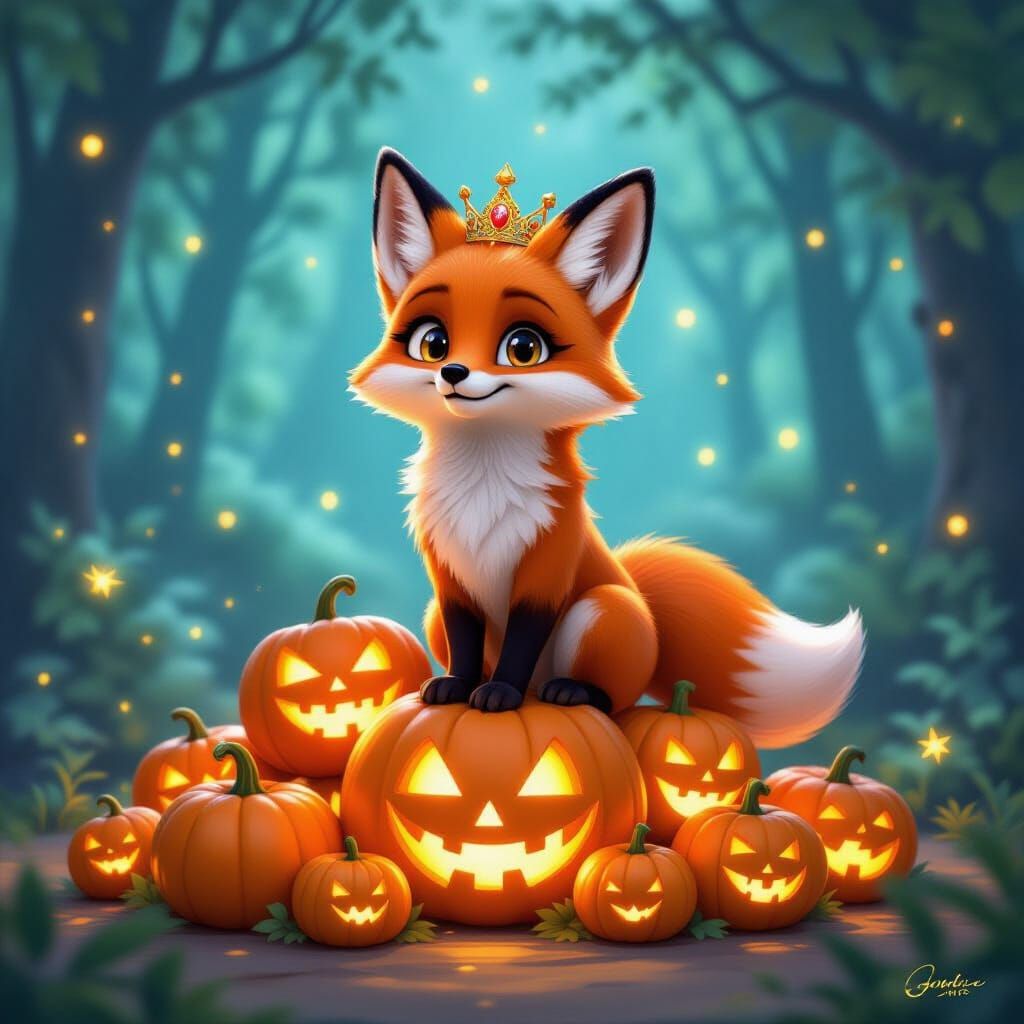 Anthropomorphic Fox with Crown on Holographic Pumpkins