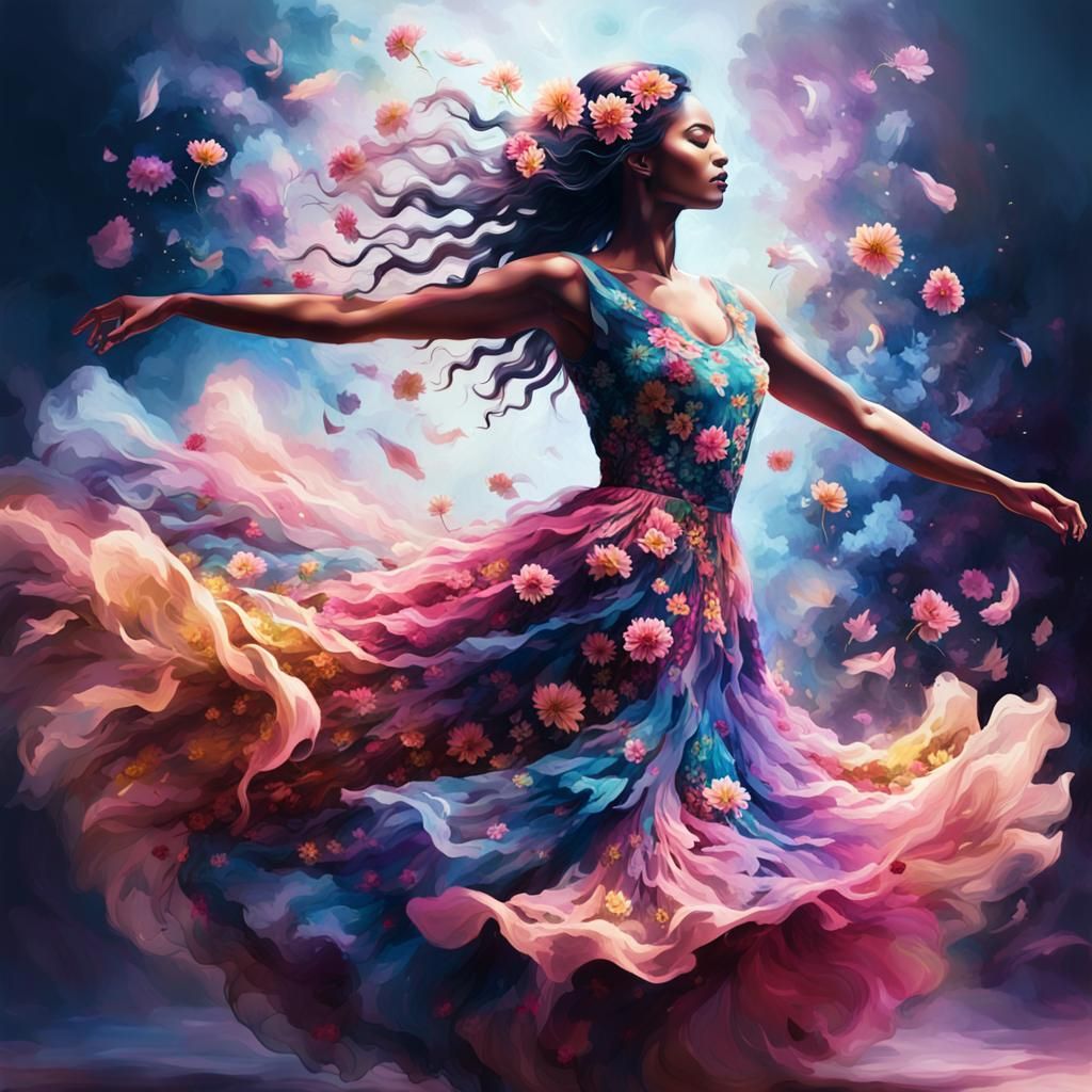 Colorful Flower Woman Dancing in Surreal Illustration