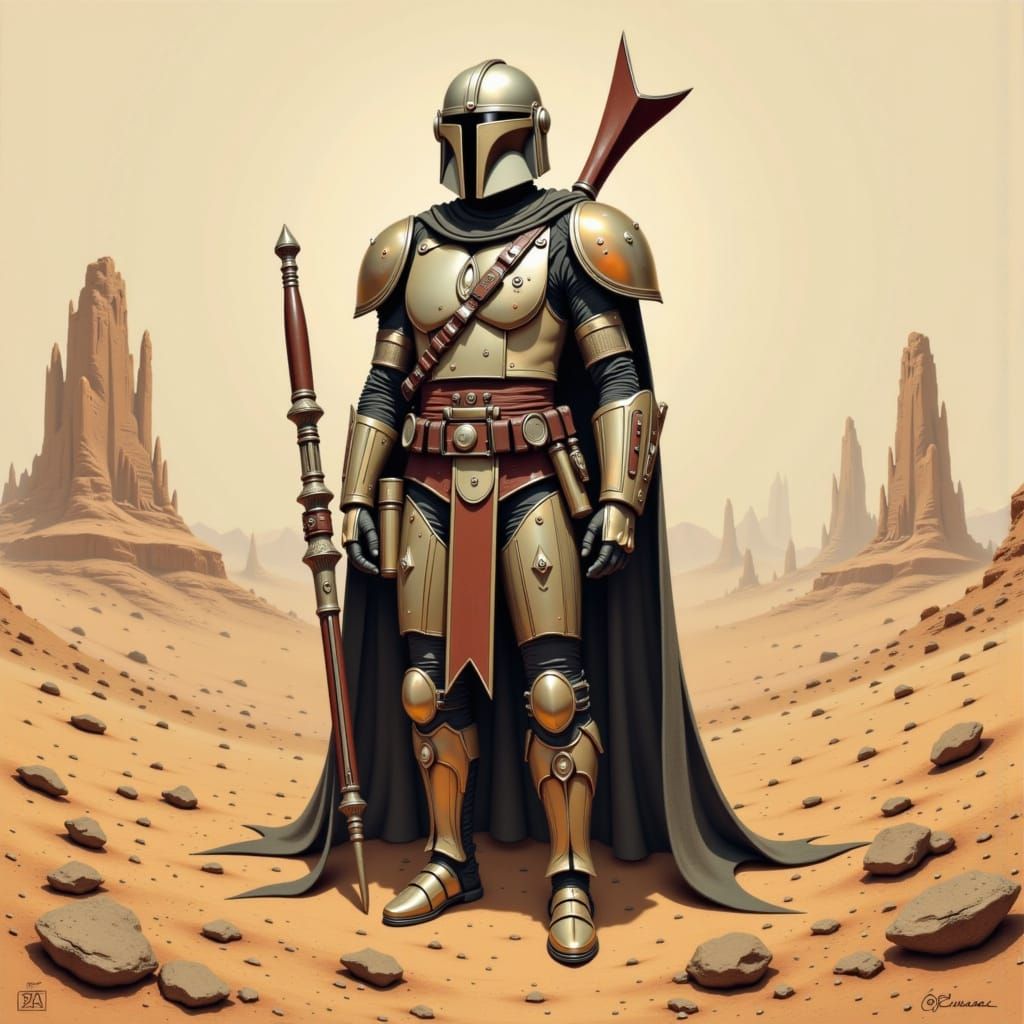 Mandalorian Warrior in Desert Landscape, Retro Sci-Fi Art