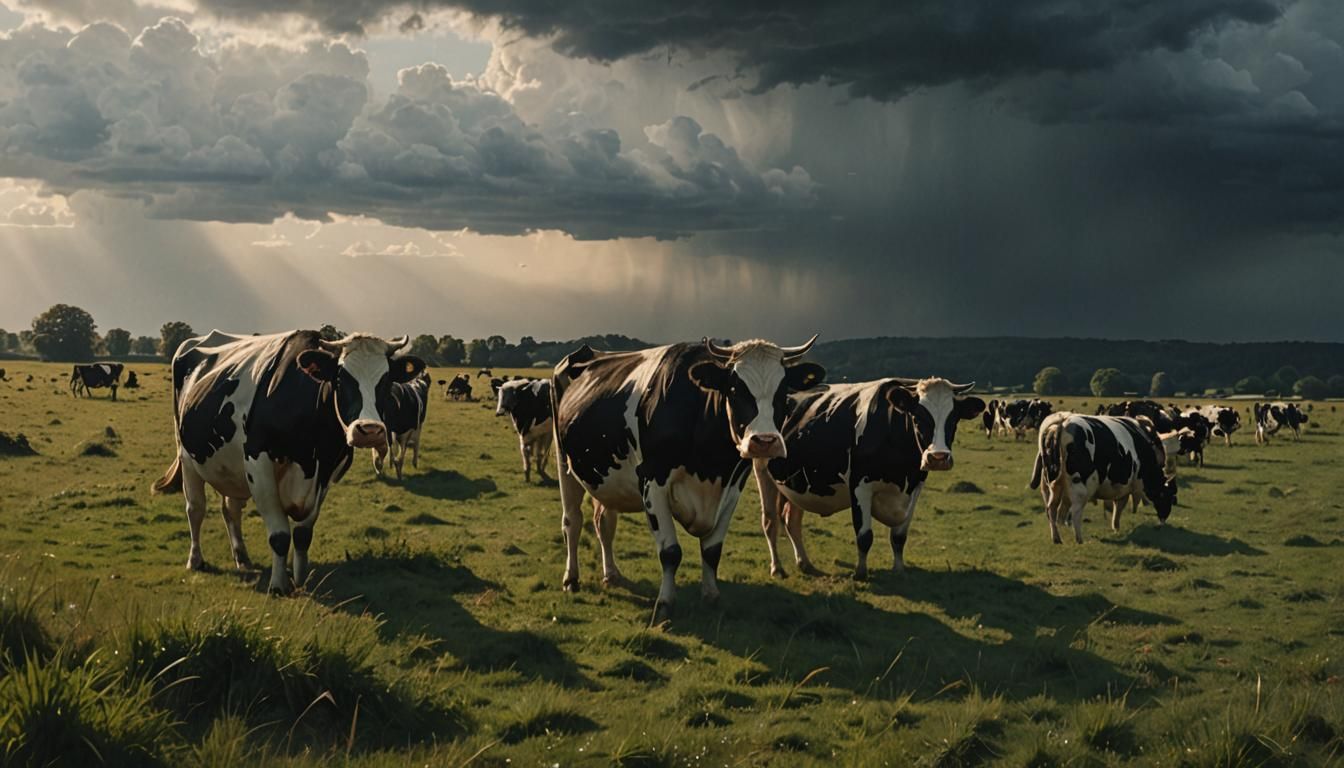 Holstein Cows Grazing in Moody Oil Painting Style