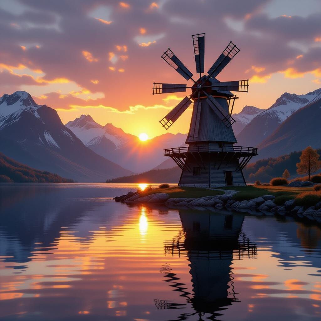 Alpine Windmill in Golden Light: Hyperrealistic Image