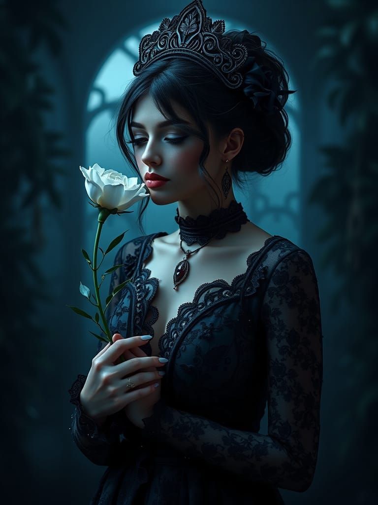 Goth Woman Kissing a Delicate White Flower in a Dark, Mystic...