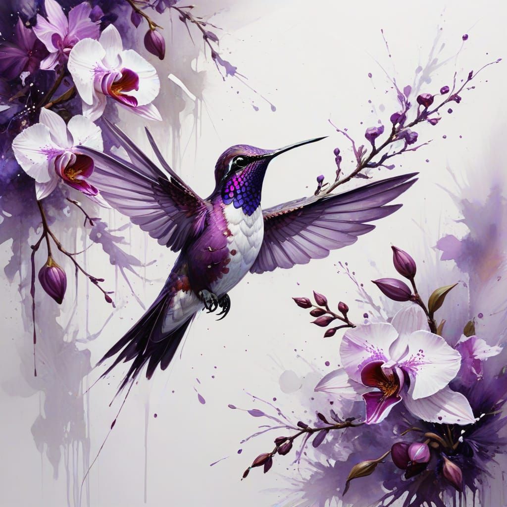 Hummingbird in Plum Orchids: Stylized Watercolor Painting
