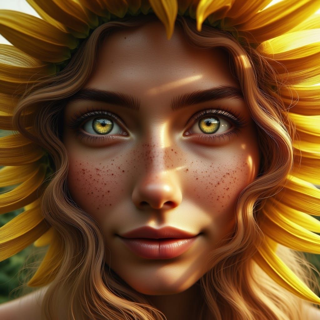 Surrealistic Portrait of a Woman with Hazel Eyes and Sunflow...