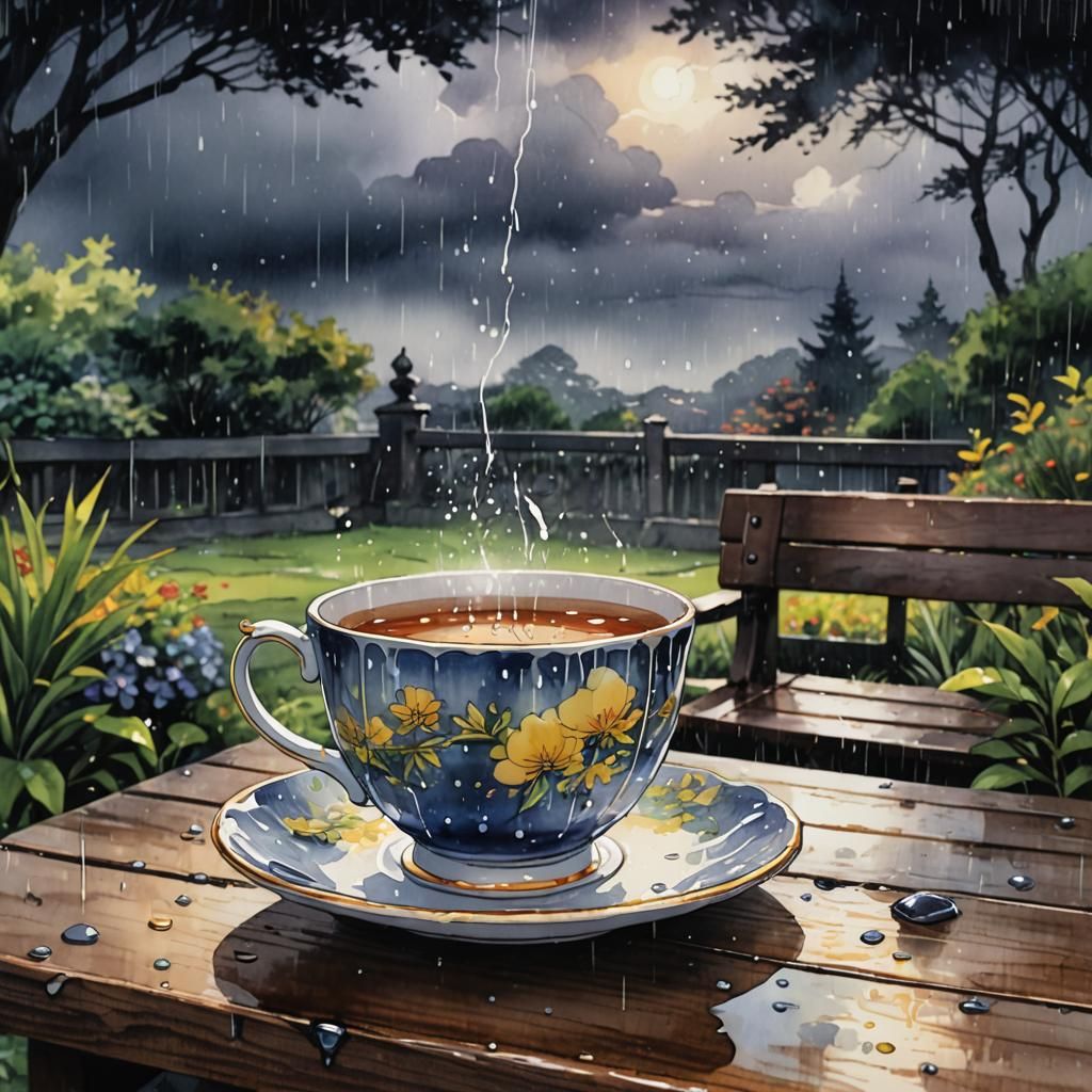 Rainy Garden Teacup in Cinematic Anime Style