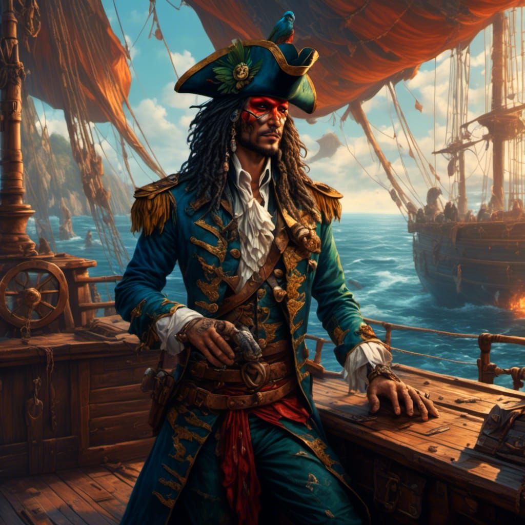 Magical Pirate Captain on Deck in Dark Fantasy Style