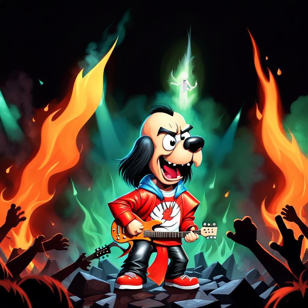 Cartoon Underdog Metal Band on Stage in Pop Art Style