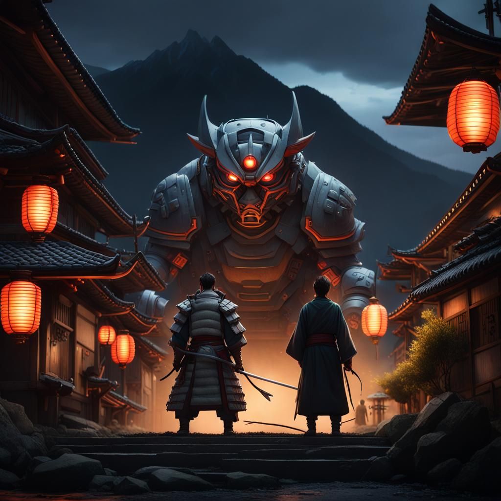 Samurai Confronts Alien Mech Cat in Feudal Japan