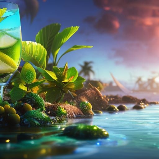 Tropical Mojito Cocktail in Anime Key Visual Style