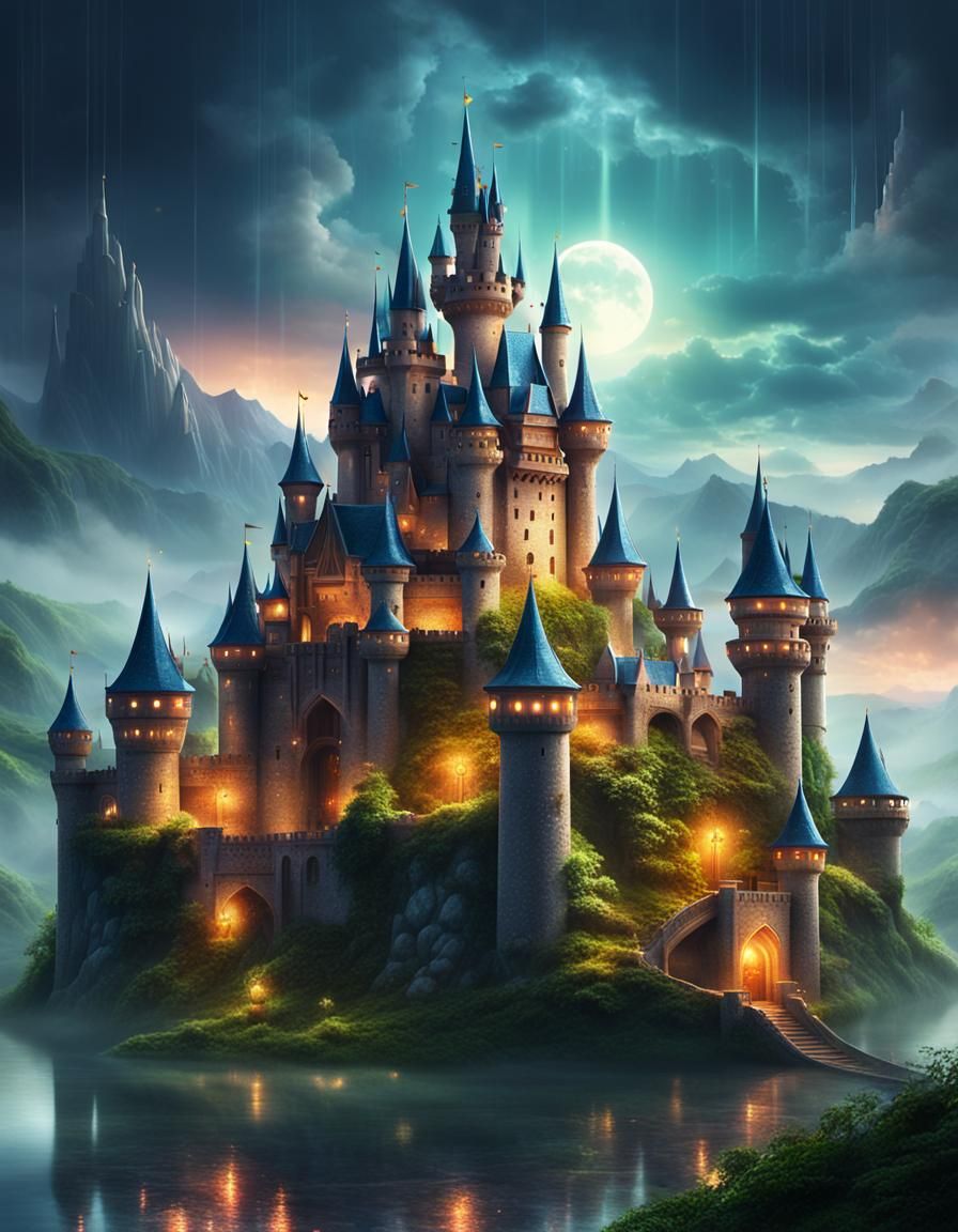 Dreamy Gemstone Castle in Overcast Landscape