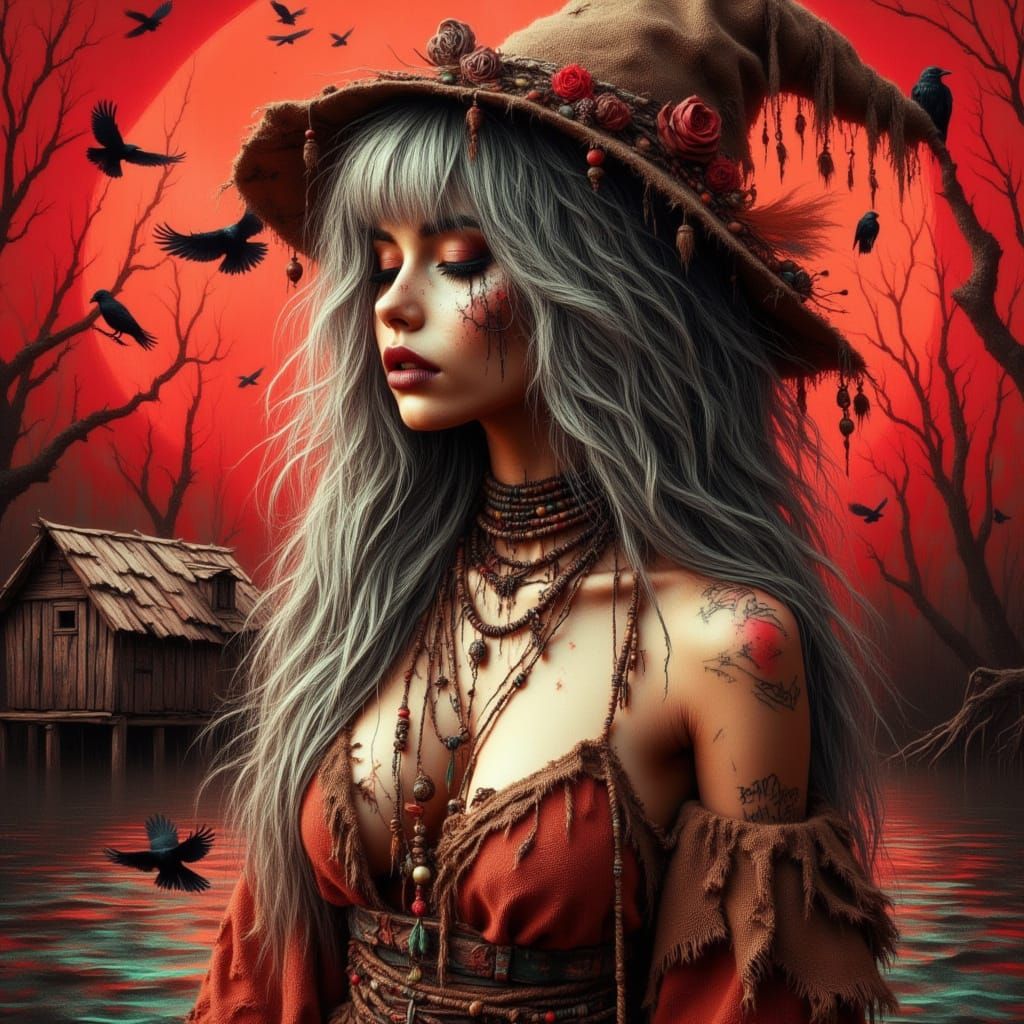 Mysterious Red Woman in River Witch Style