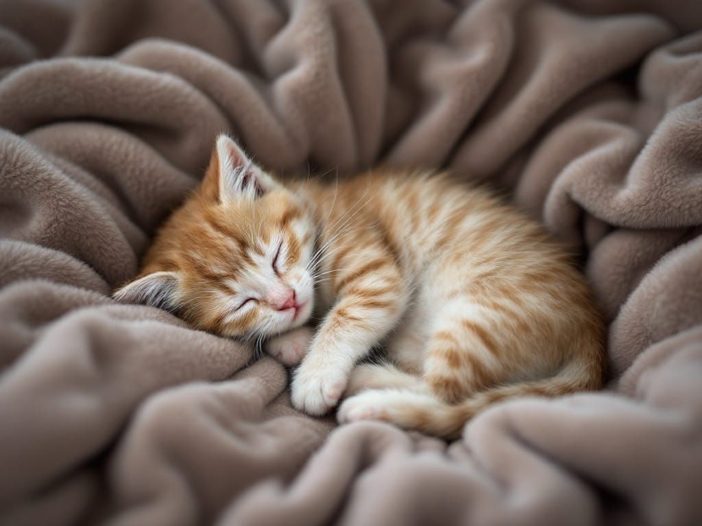 Cute Asleep Kitten in Cozy Velvety Surroundings