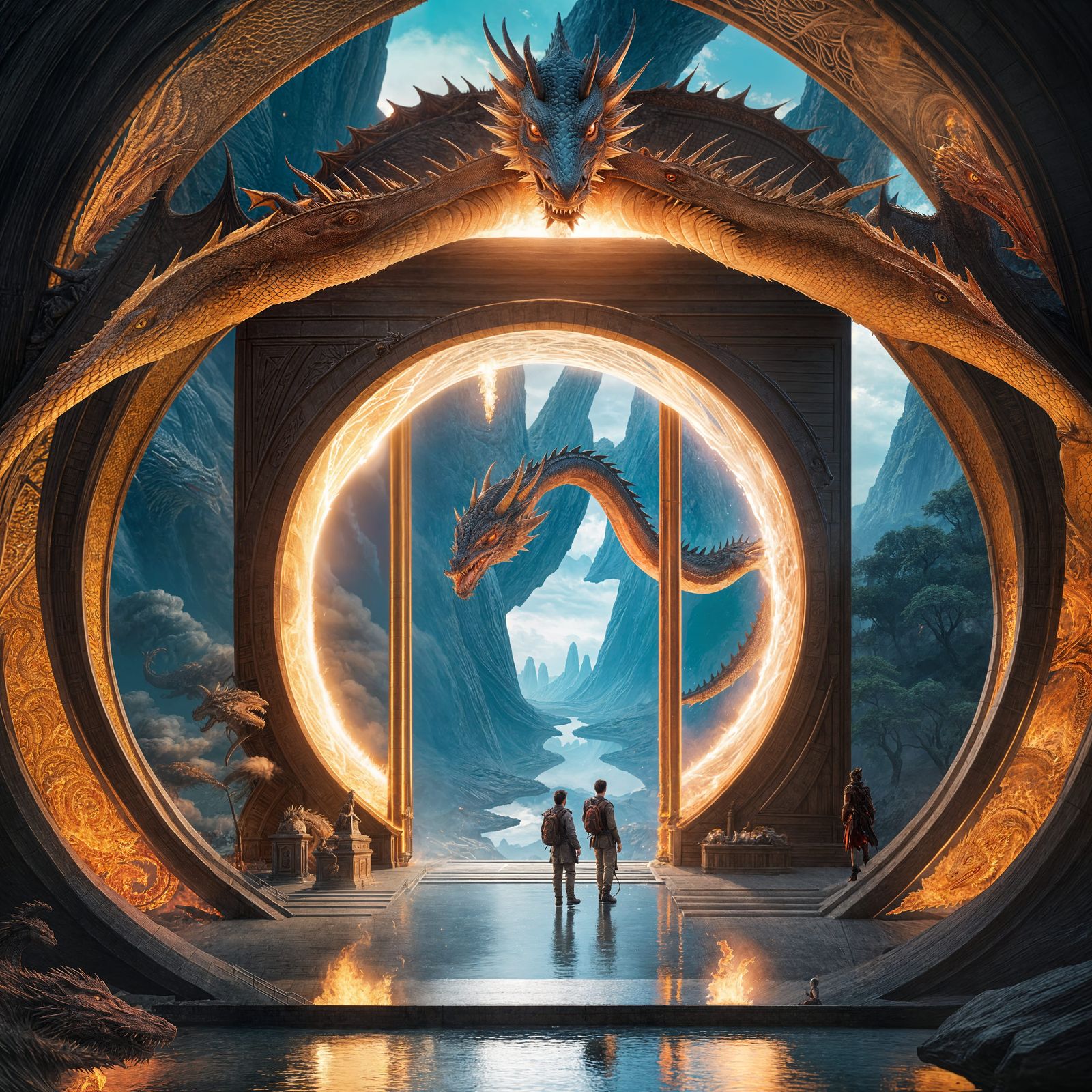 In the portal is a dragon flying through the sky breathing f...