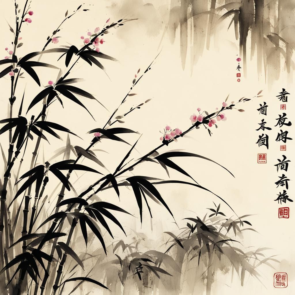 Muted Bamboo Blossoms in Chinese Ink Style