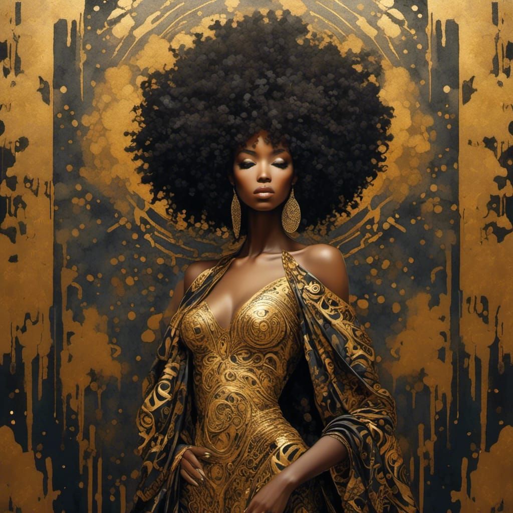 Black Woman in Klimt Style with Golden Ink