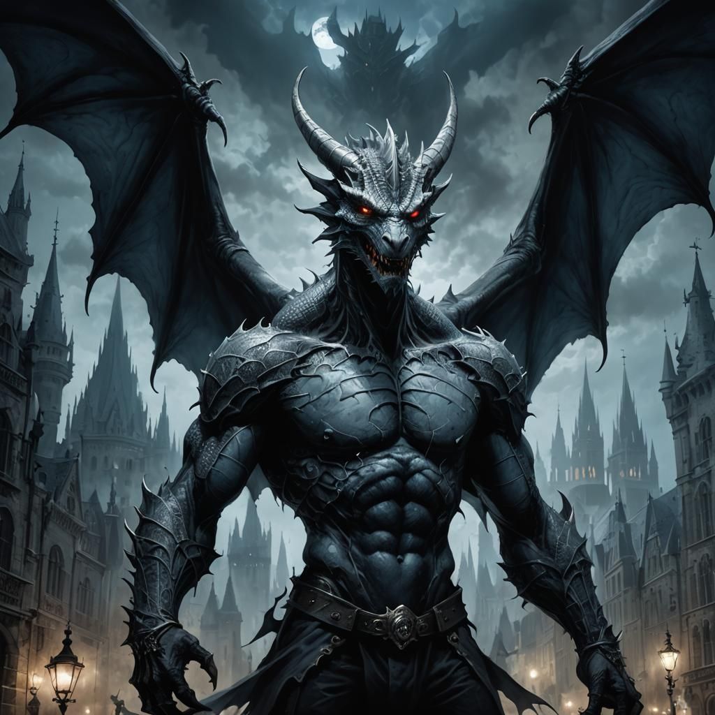 Gothic Dragon in Dimly Lit City, Mihály Zichy Style