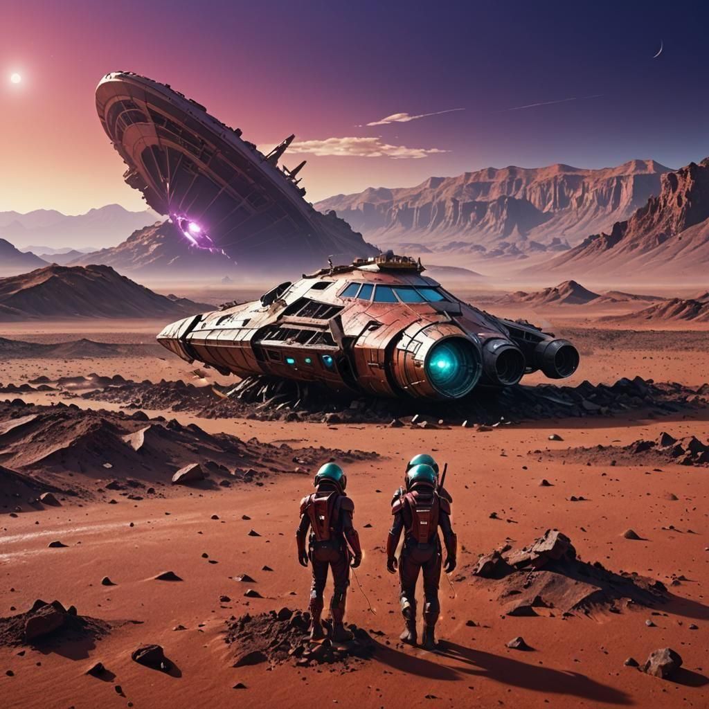 Crashed UFO on Mars in Detailed Matte Painting