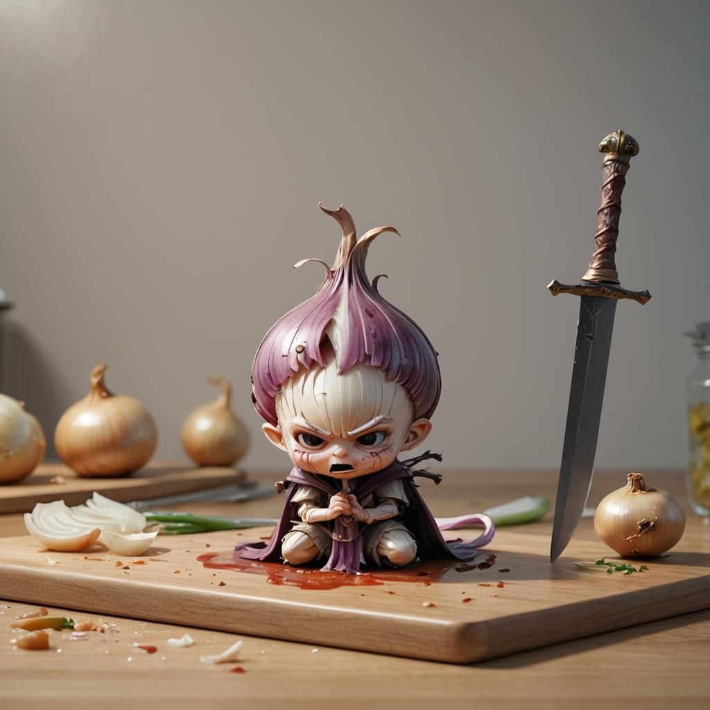 Chibi Hybrid Warrior in Sorrowful Kitchen Scene