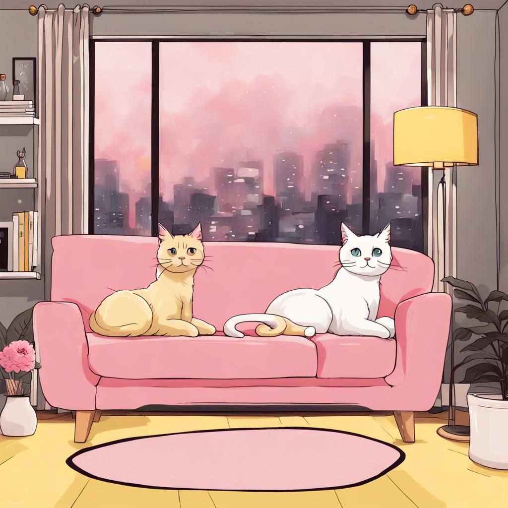 Two Black Cats on Yellow Sofa, Anime Style