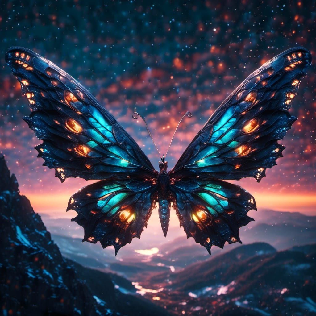 Sparkling Galactic Butterfly at Sunset in 8k