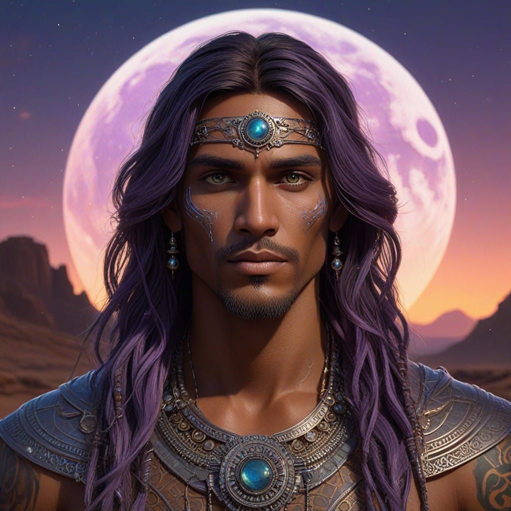 Majestic Desert Tribesman with Glowing Eyes and Iridescent A...