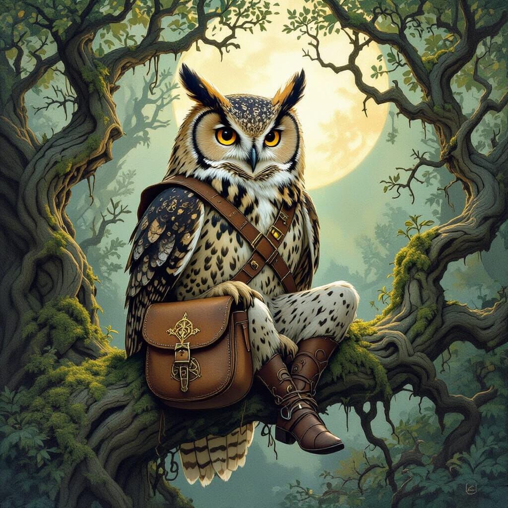 Wise Owl in Mystical Grove Illustration