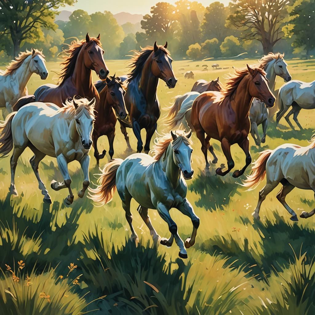 Horses Running Freely in Sunny Field, Oil Painting