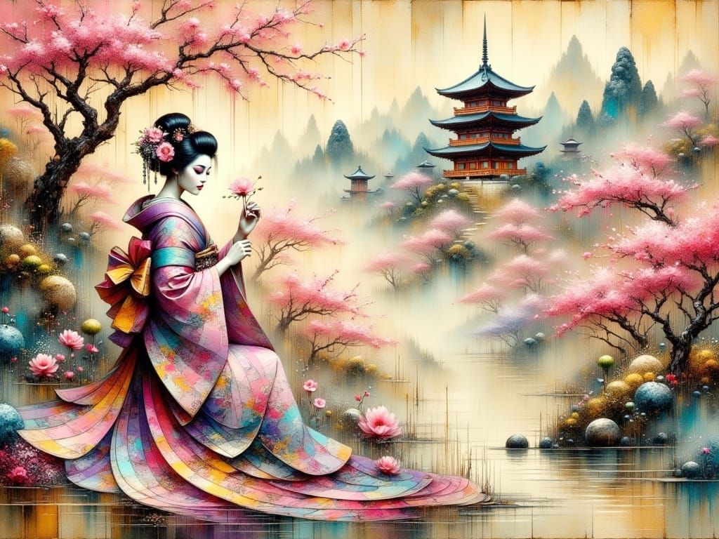 Elegant Geisha in Ukiyo-e Village Impasto Painting