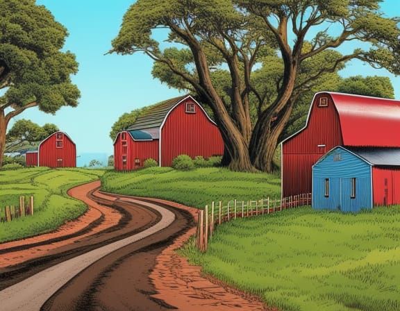 winding road through farm land with barns, animals and silos Mark Brooks and Dan Mumford, comic book art, perfect, smoot...