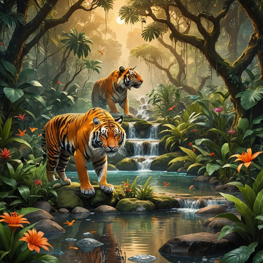 Orange Tiger Drinks in Jungle, Digital Art
