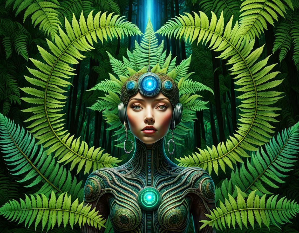 Holographic Being Merges with Biomechanical Fern Forest