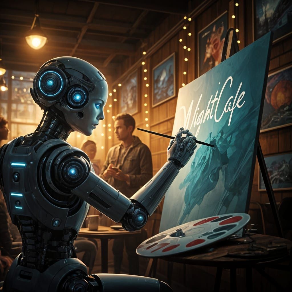 Robot Artist Creates Masterpiece in Futuristic Cafe Scene