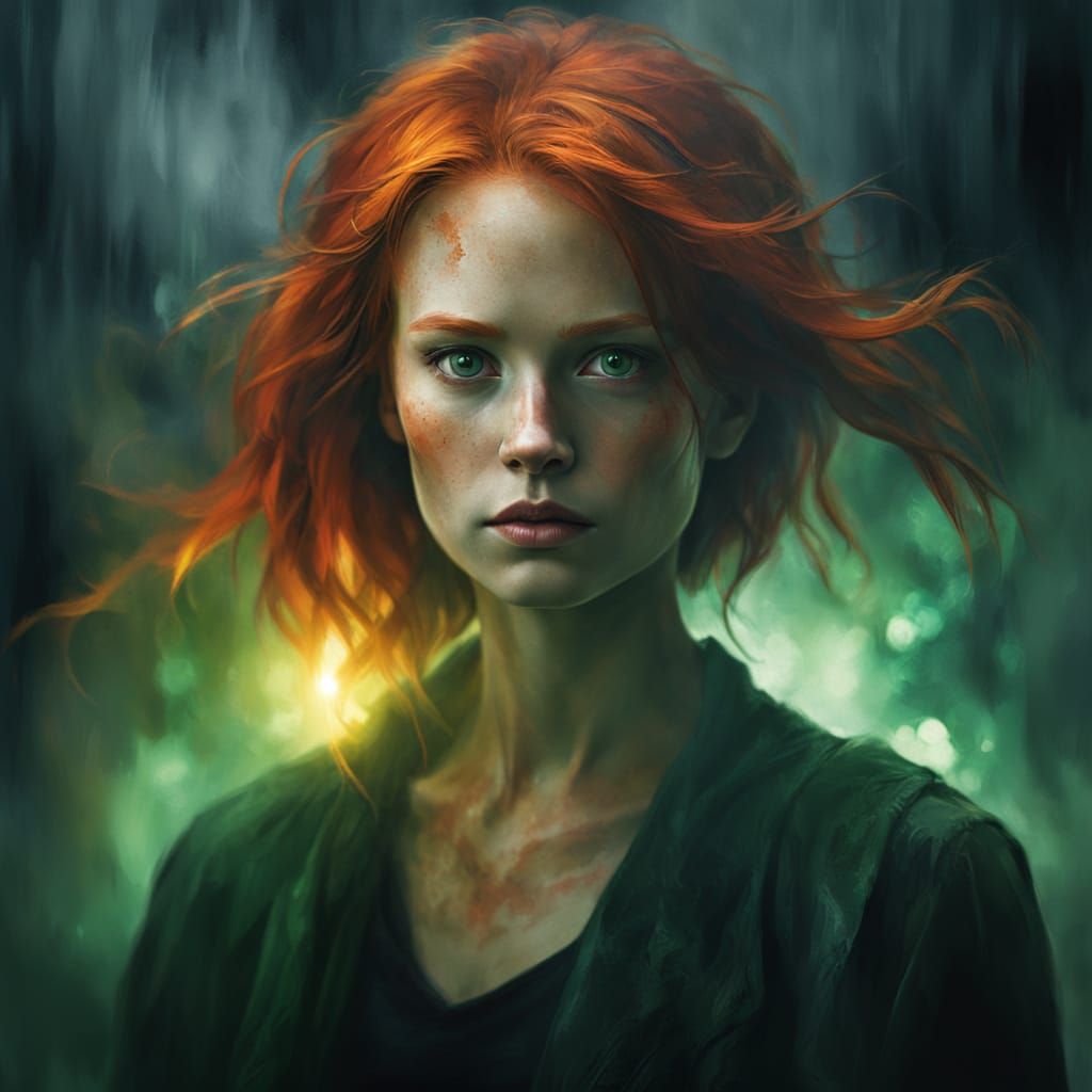 Vibrant Portrait of a Woman with Fiery Red Hair and Green Ey...