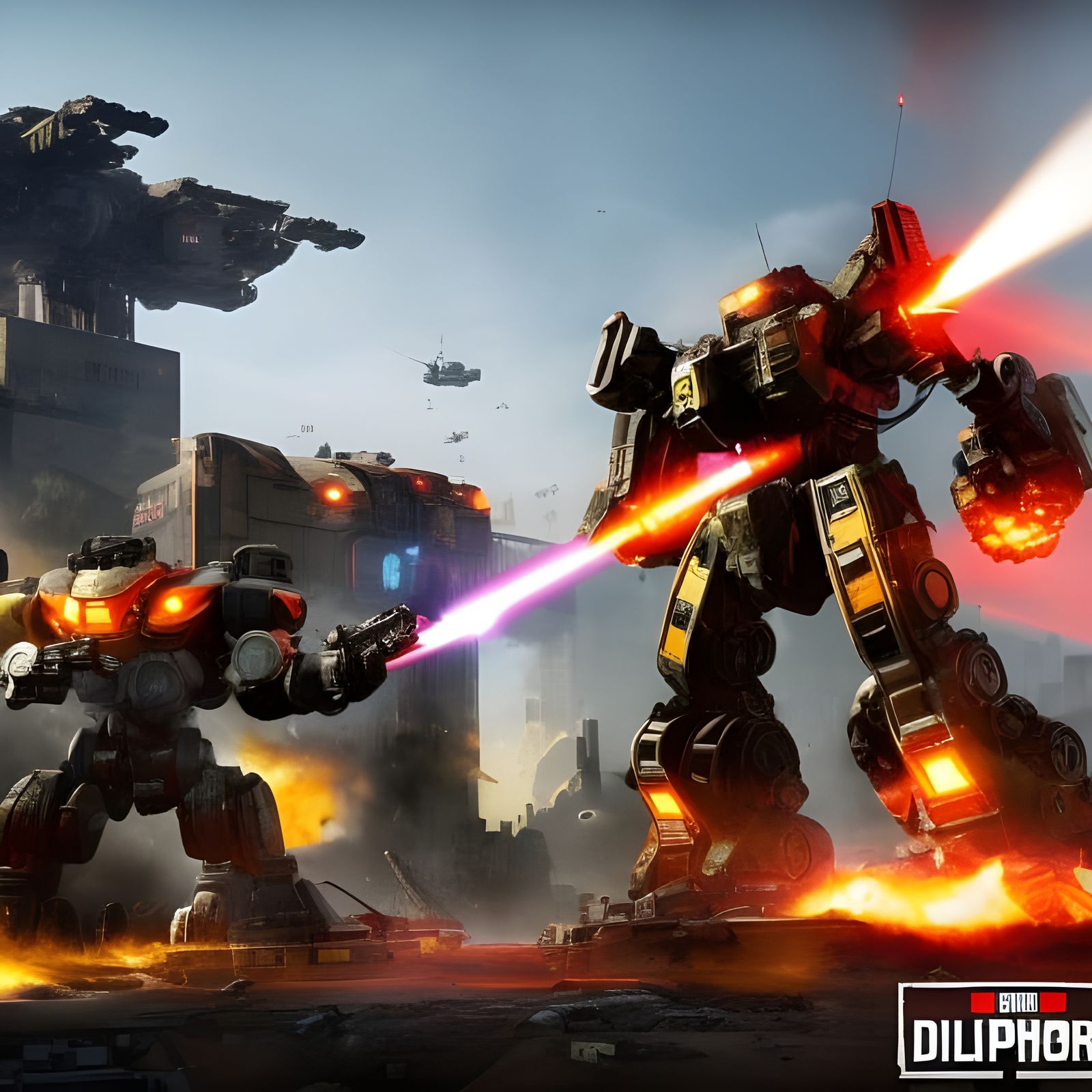 Battlemechs Clash in War-Torn City: Film Noir Sci-Fi