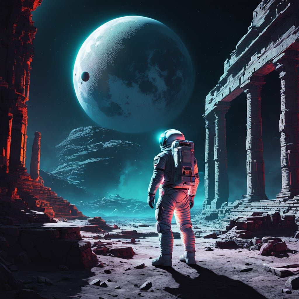 Astronaut Explores Ancient Ruins on the Moon in Sci-Fi Style