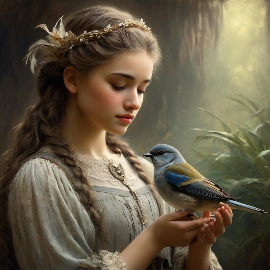Pretty Young Girl and Little Bird Share Quiet Moment in Sere...
