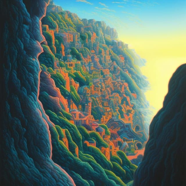 Surreal Victorian Village Cliffside Illustration