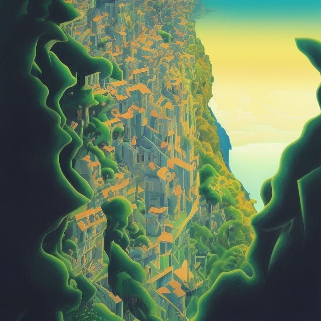 Trippy Victorian Village Cliffside Optical Illusion