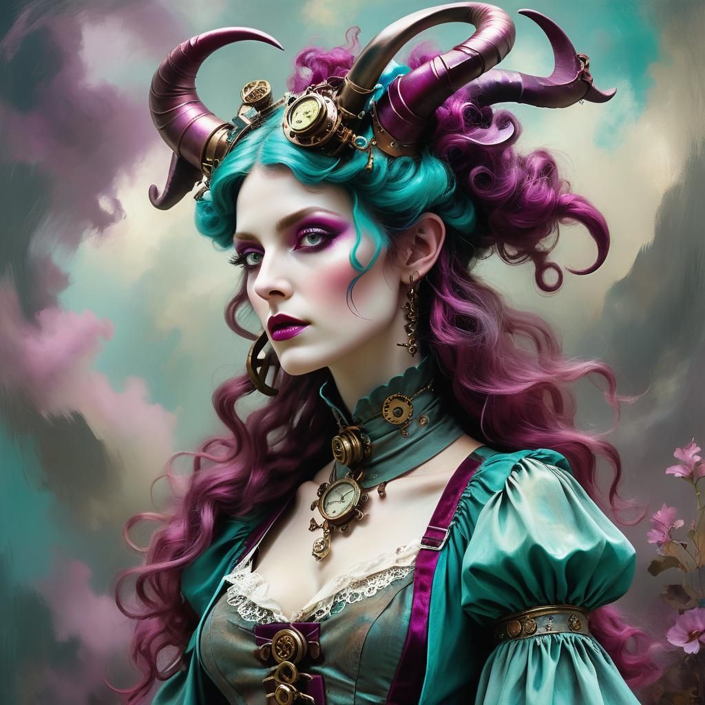 Steampunk Tiefling Portrait in Pre-Raphaelite Style