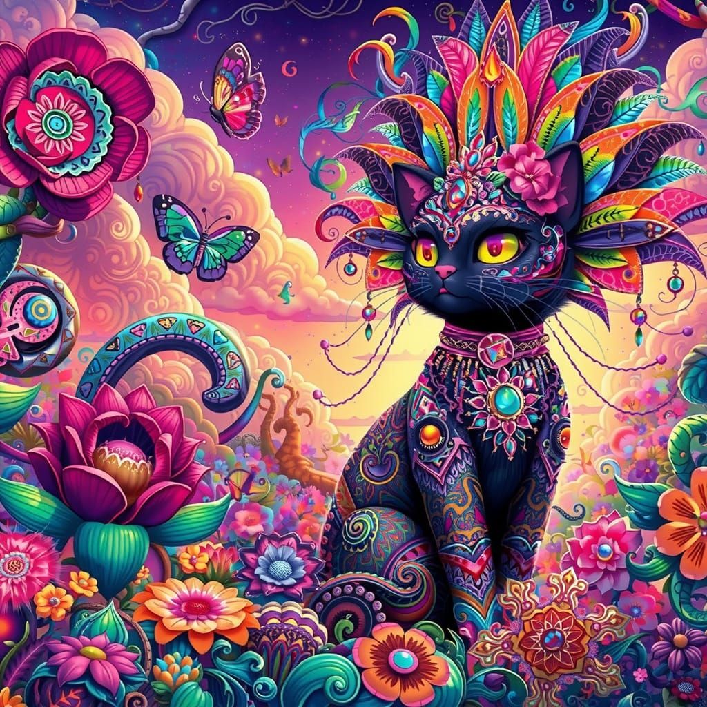 Whimsical Goth Quetzalcoatl Cat Woman in Vibrant Cutecore St...