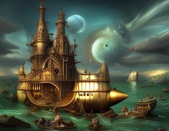 Bosch-inspired Submarine with Brass Propeller in 16K