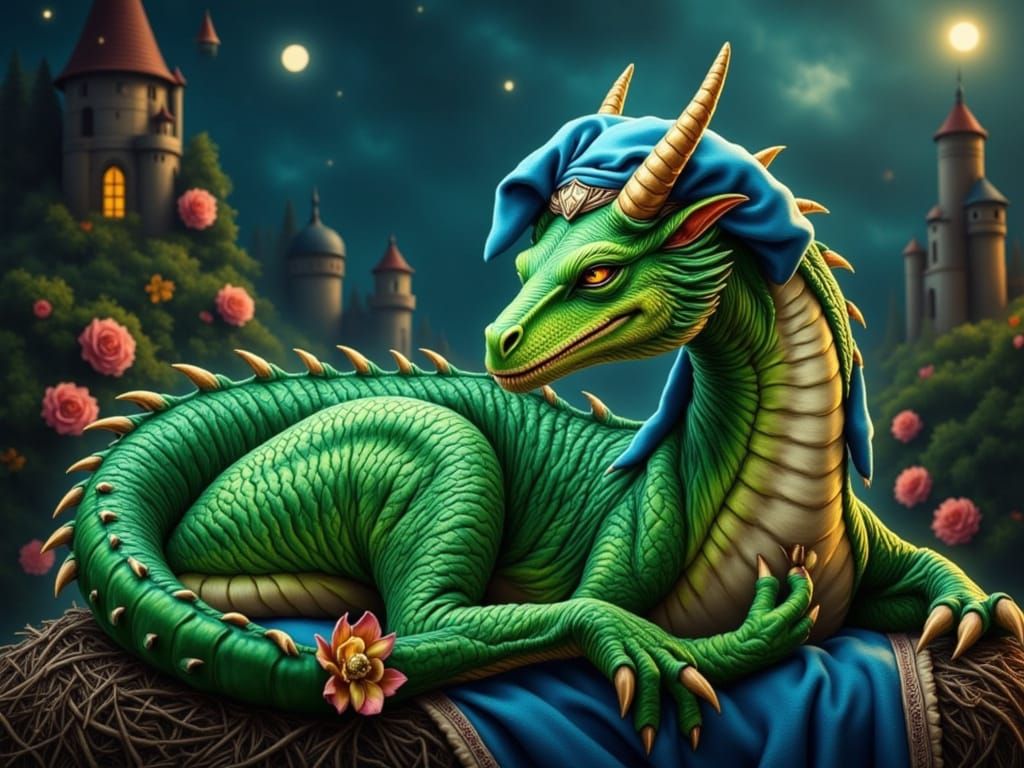 Green Dragon Asleep in Mystical Bedroom