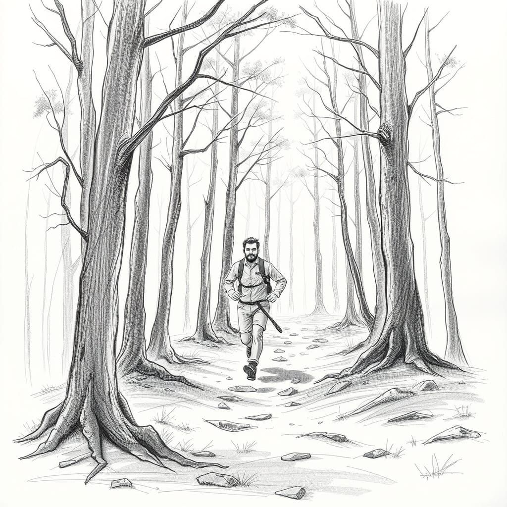 Man Running Through Woods: Enhanced Sketch