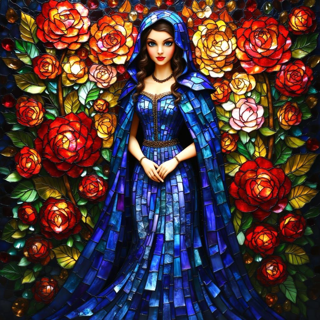 Woman in Stained Glass Attire with Rose Background